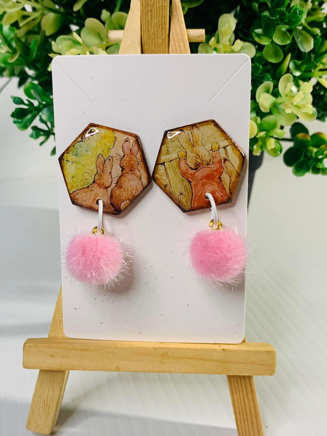 Bunny Hexagon Pink Earrings