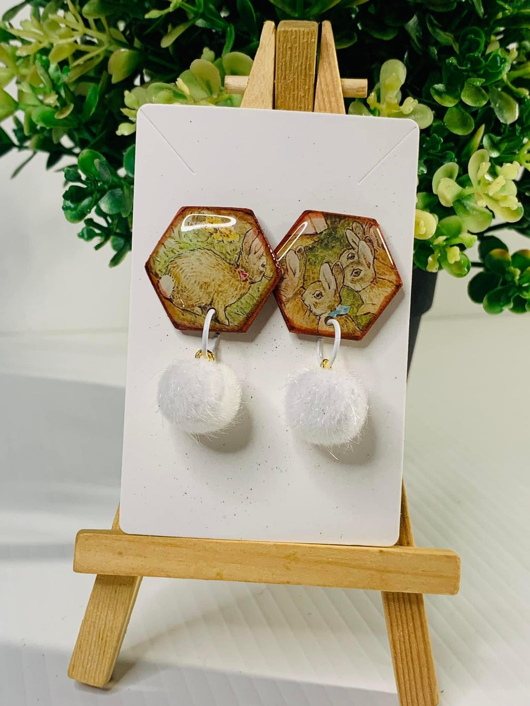 Bunny Hexagon White Earrings