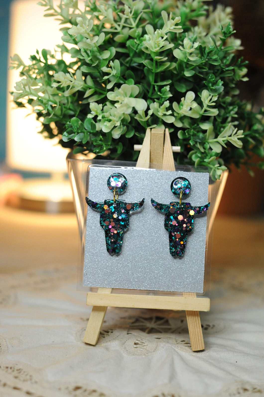 Dark Blue Bull Skull Earrings